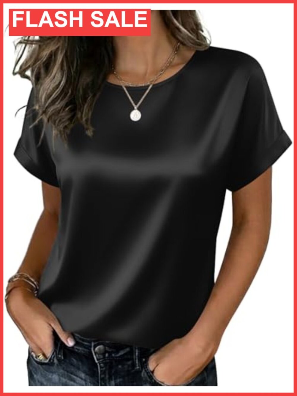 Satin Silk Short Sleeve Crewneck Blouse Dressy Casual Top